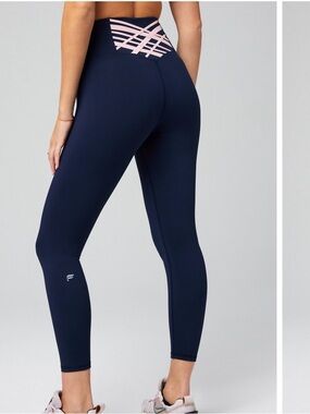 Fabletics Powerhold Blue Leggings with Pink Waist Detail